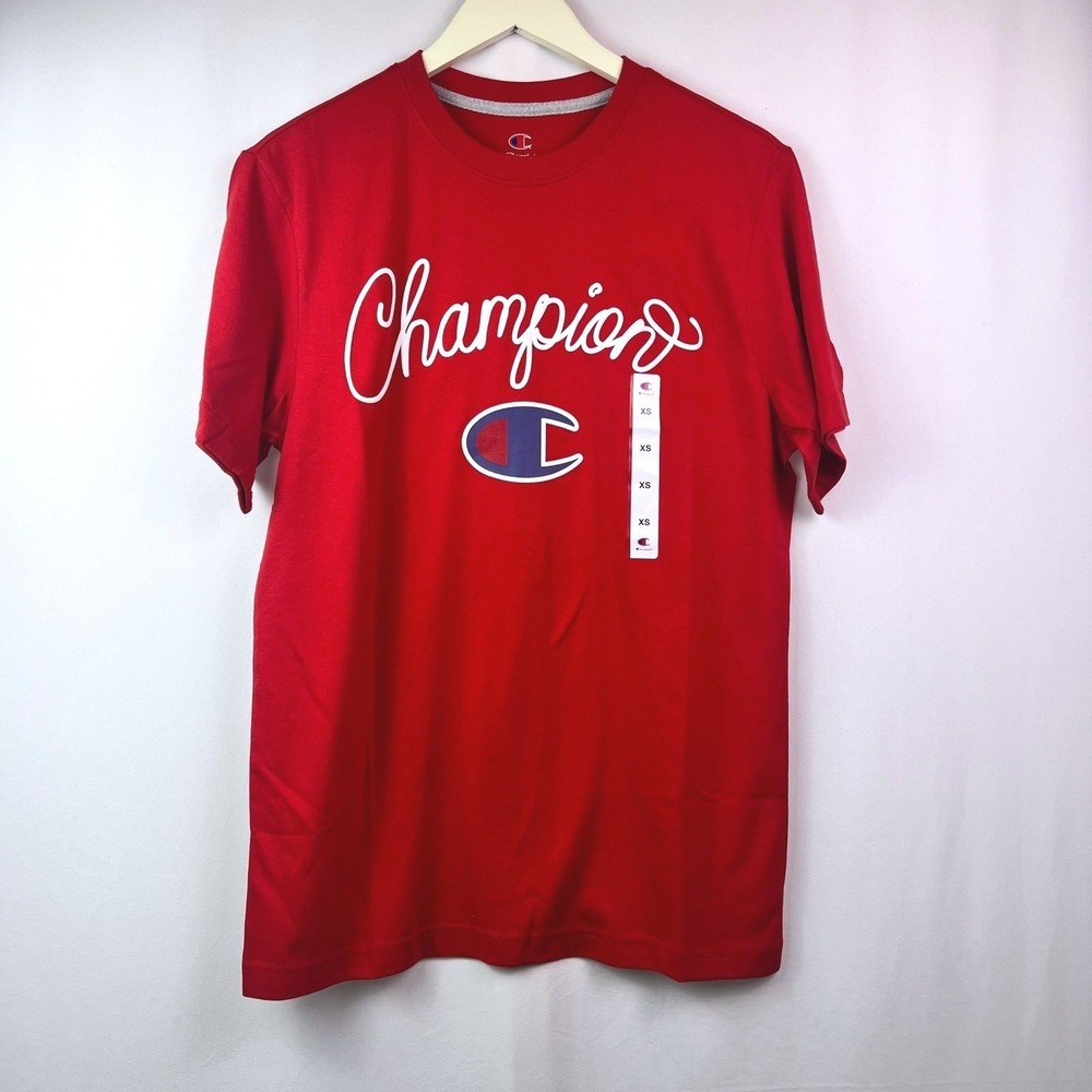 Champion Mens Tango Red Script Logo Big C Graphic Tee Short Sleeve Size XS NWT